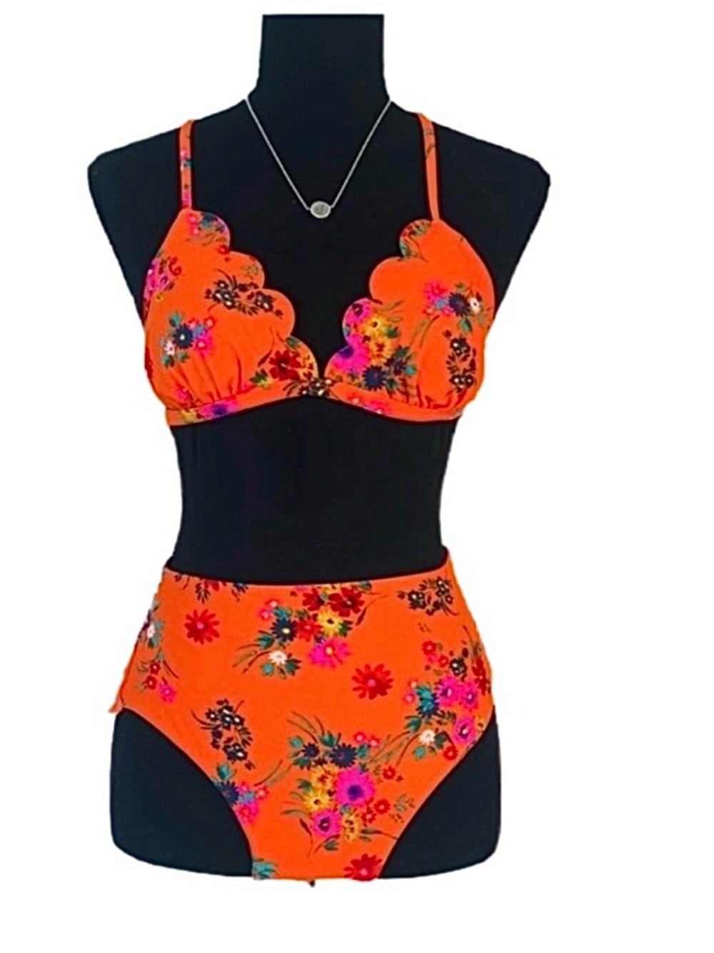 XHILARATION ~ Orange/Red High Waisted Floral Bikini with Scalloped Details